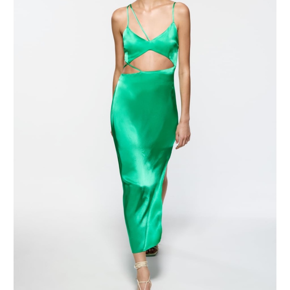 Zara Green Asymmetric Satin Effect Dress NWT